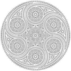 Coloring book for adults with mystical mandala with six-pointed star. Vector drawing