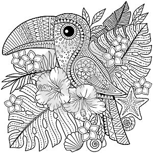 Coloring book for adults. Toucan among tropical leaves and flowers.