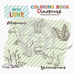 Coloring book Allosaurus and Tyrannosaurus with plant and stone