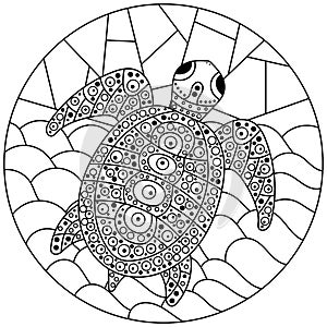 Coloring book. Animals, Water Turtle. Mosaic background. Hand-drawn vector illustrations Lots of small details.