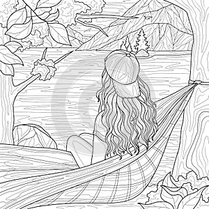 Coloring book antistress for children and adults. The girl sits in a hammock and looks at the lake and mountains