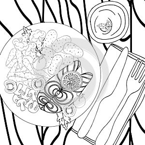 Coloring book antistress fish with vegetables, mushrooms