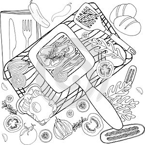 Coloring book antistress food meat in a pan with vegetables