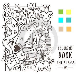Coloring book antistress with funny cute cartoon creatures. Doodle print with dog and rabbit. Line art poster.