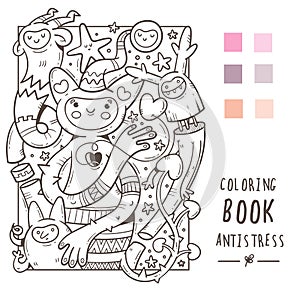 Coloring book antistress with funny cute cartoon creatures. Doodle print with monster and trolls. Line art poster.