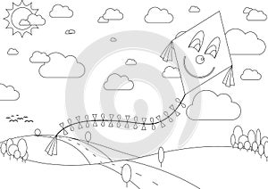 Coloring book with autumn landscape with kite during sunny day