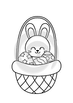 Coloring book with basket, Easter eggs and bunny. Black and white basket. Vector.