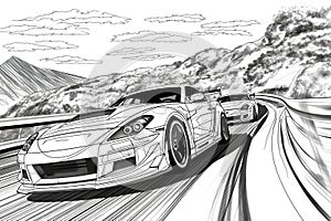 Coloring Book Black Outline, Road Rally Fastpaced Race Cars Speeding Through Winding Race Track. Generative AI