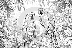 Coloring Book Black Outline, Tropical Birds Paradise Colorful Birds Perched On Palm Trees And Flowers. Generative AI