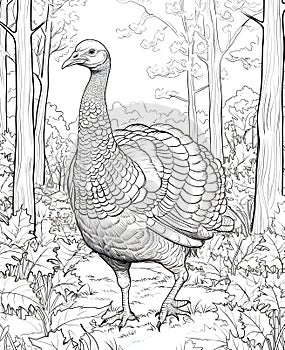 Coloring book black and white giant turkey in the forest around the leaves. Turkey as the main dish of thanksgiving for the