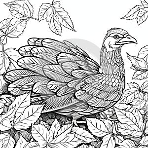 Coloring book. Black and white turkey surrounded by leaves. Turkey as the main dish of thanksgiving for the harvest