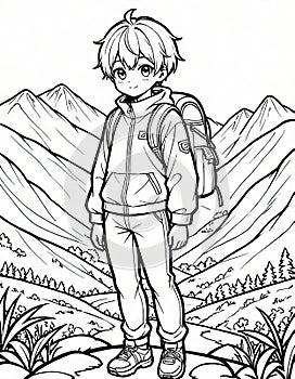 Coloring Book: Boy Exploring Mountain Terrain, Generated by AI