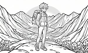 Coloring Book: Boy Exploring Mountain Terrain, Generated by AI