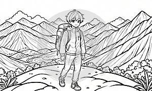 Coloring Book: Boy Exploring Mountain Terrain, Generated by AI