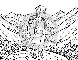 Coloring Book: Boy Exploring Mountain Terrain, Generated by AI