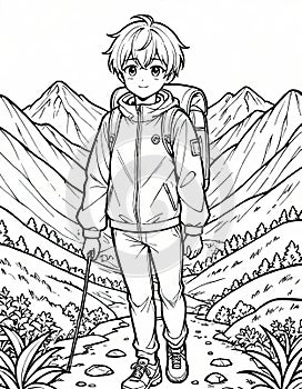 Coloring Book: Boy Exploring Mountain Terrain, Generated by AI