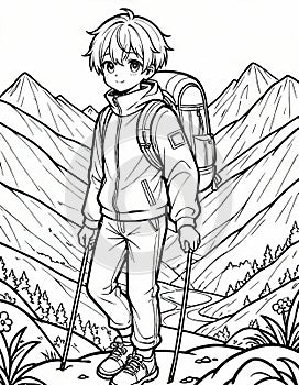 Coloring Book: Boy Exploring Mountain Terrain, Generated by AI