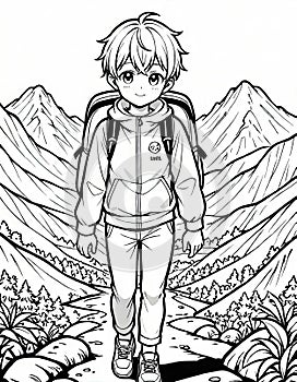 Coloring Book: Boy Exploring Mountain Terrain, Generated by AI