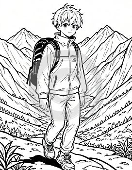 Coloring Book: Boy Exploring Mountain Terrain, Generated by AI