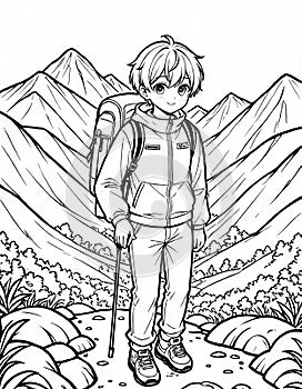 Coloring Book: Boy Exploring Mountain Terrain, Generated by AI