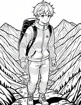 Coloring Book: Boy Exploring Mountain Terrain, Generated by AI