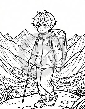 Coloring Book: Boy Exploring Mountain Terrain, Generated by AI