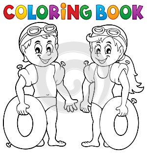 Coloring book boy and girl swimmers