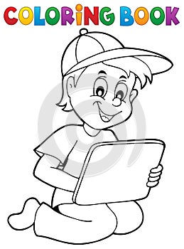 Coloring book boy playing with tablet