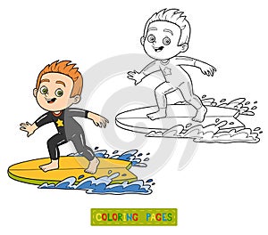 Coloring book. A boy riding a surf