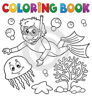 Coloring book boy snorkel diver