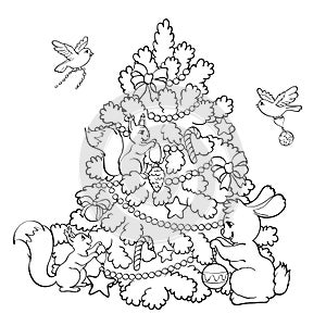 Coloring book. Cartoon animals decorate the Christmas Tree. photo