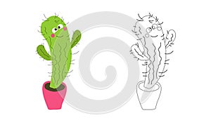 Coloring book cartoon cute cactus in a pot