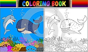 Coloring book with cartoon dolphin and whale