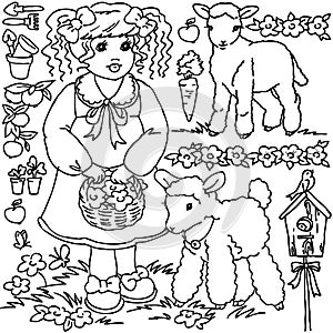 Coloring book, Cartoon farm girl and animals