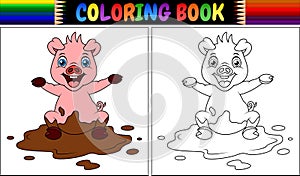 Coloring book cartoon pig play in a mud puddle
