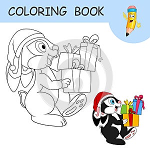 Coloring book with cartoon rabbit carries a lot of boxes with gifts. Colorless and color example Hare on coloring page. Worksheet