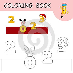 Coloring book with cartoon Rabbit ears and Santa claus hat on numbers 2023. Colorless and color example Hare on coloring page.