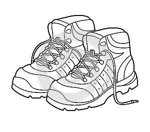 Coloring book, cartoon shoe collection. Hiking boots