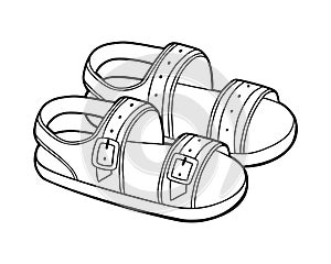 Coloring book, cartoon shoe collection. Mens sandals