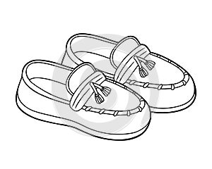 Coloring book, cartoon shoe collection. Moccasins