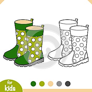 Coloring book, cartoon shoe collection. Rubber boots