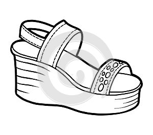 Coloring book, cartoon shoe collection. Wedge-heeled sandal