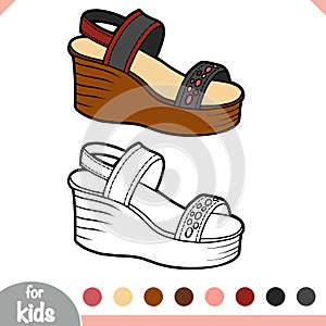 Coloring book, cartoon shoe collection. Wedge-heeled sandal