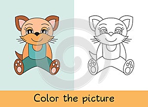 Coloring book. Cat, pet. Cartoon animall. Kids game. Color picture. Learning by playing. Task for children