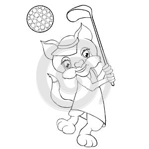 Coloring book cat playing golf. Cartoon style.