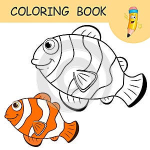 Coloring book with character tropical clown fish. Colorless and color samples fish on coloring page for kids. Coloring design