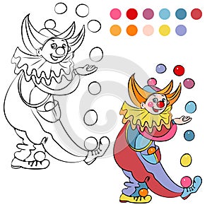 Coloring book with cheerful clown - vector