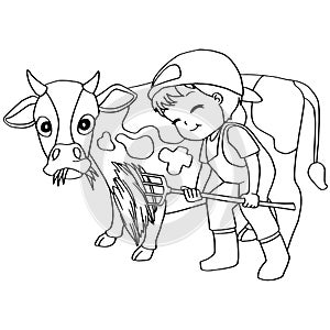 Coloring book child feeding cow vector