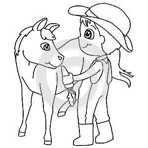 Coloring book child feeding horse vector