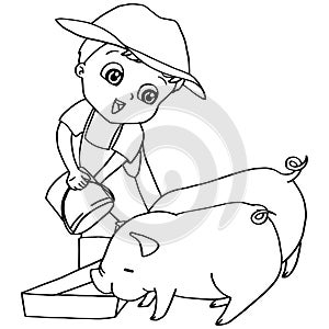 Coloring book child feeding pigs vector